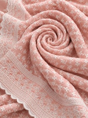 Peach Floral Embroidered Reyon Fabric with Designer Border
