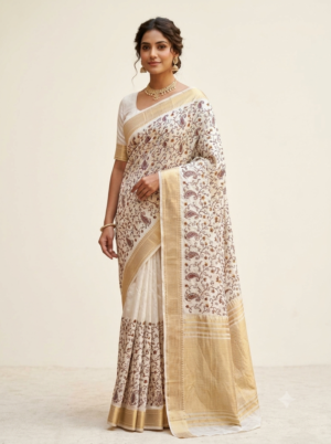 Ivory Katha Embroidered Art-Silk Saree with Golden Zari Border