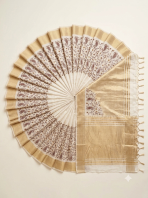 Ivory Katha Embroidered Art-Silk Saree with Golden Zari Border