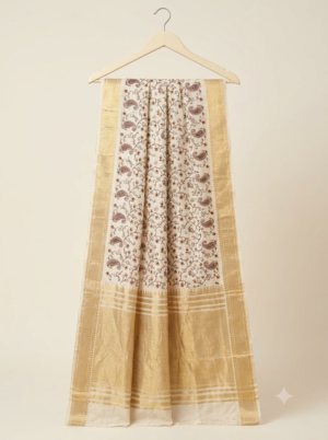 Ivory Katha Embroidered Art-Silk Saree with Golden Zari Border