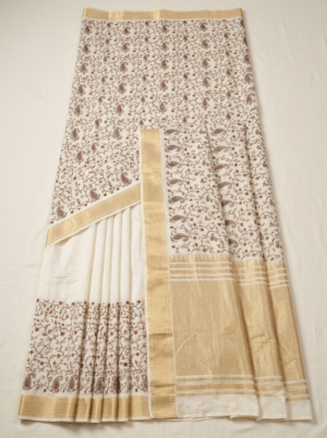 Ivory Katha Embroidered Art-Silk Saree with Golden Zari Border