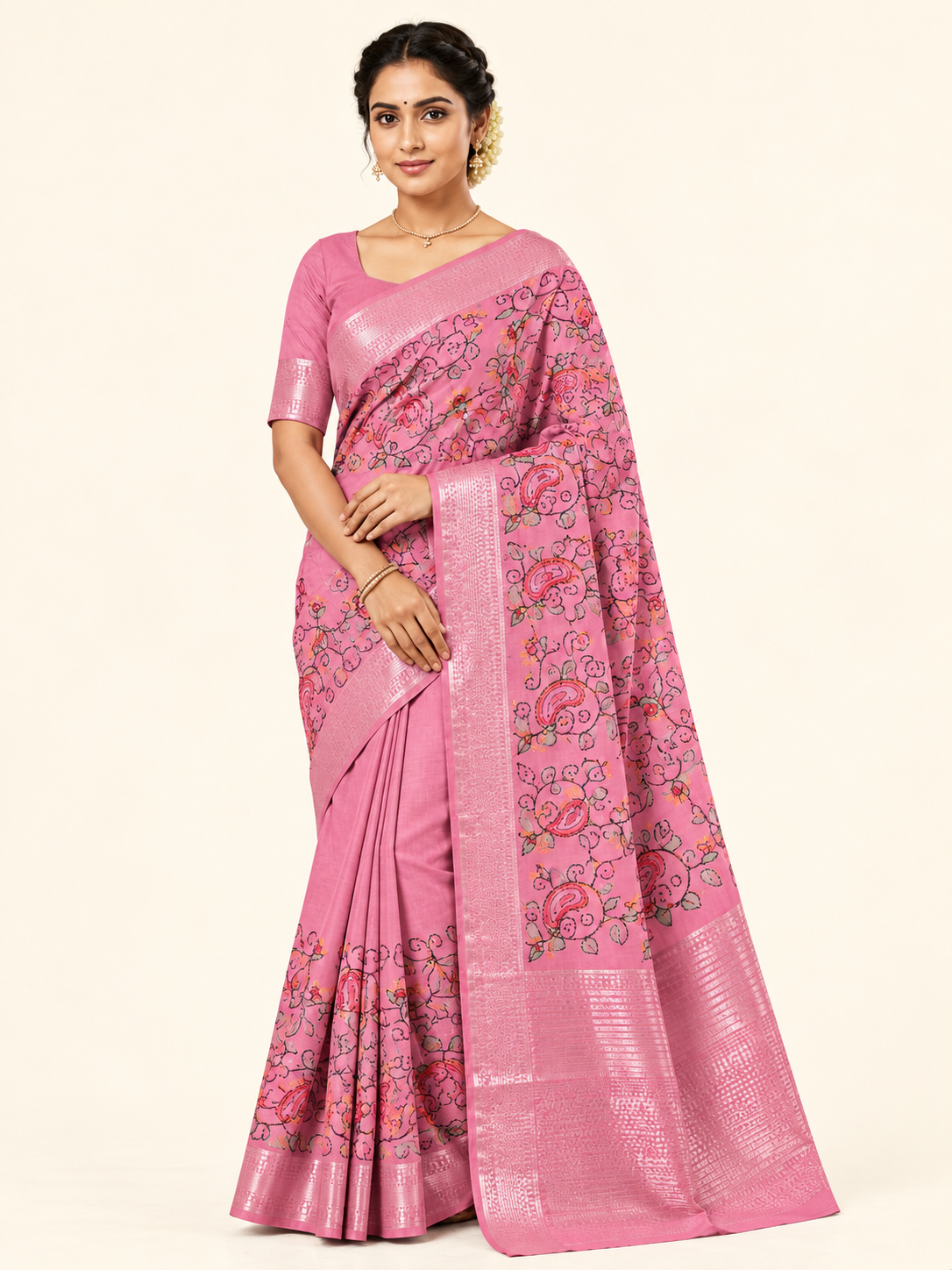 Dusty Pink Embroidered Art-Silk Saree with Golden Zari Border