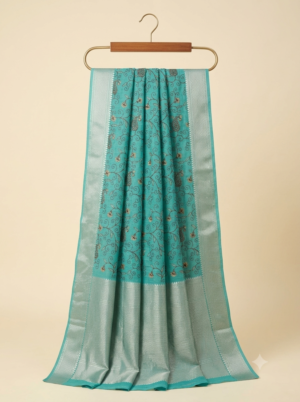 Turquoise Green Embroidered Art-Silk Saree with Golden Zari Border