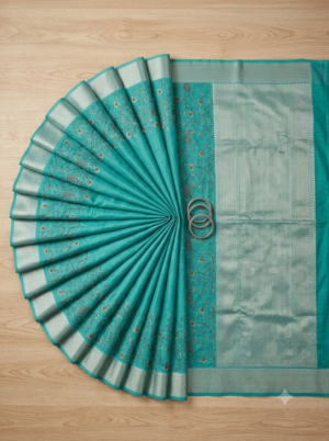 Turquoise Green Embroidered Art-Silk Saree with Golden Zari Border