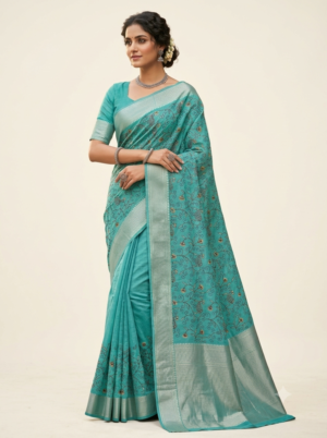 Turquoise Green Embroidered Art-Silk Saree with Golden Zari Border