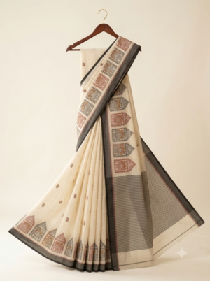 Art silk Ivory Warli Motif Embroidered Saree with Charcoal Grey Border