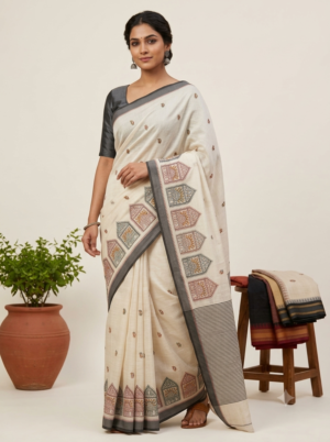 Art silk Ivory Warli Motif Embroidered Saree with Charcoal Grey Border