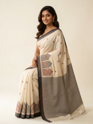 Art silk Ivory Warli Motif Embroidered Saree with Charcoal Grey Border