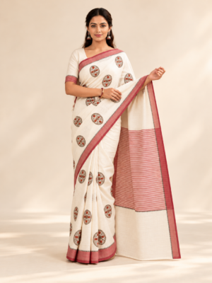 Ivory Art-Silk Saree with Maroon Floral Medallion Embroidery & Striped Pallu
