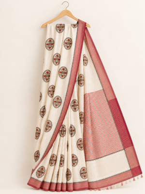 Ivory Art-Silk Saree with Maroon Floral Medallion Embroidery & Striped Pallu