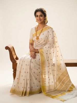 Ivory Art Silk Saree with Gold Temple Border & All-over Floral Motifs