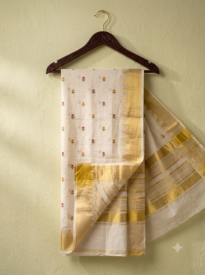Ivory Art Silk Saree with Gold Temple Border & All-over Floral Motifs