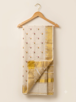 Ivory Art Silk Saree with Gold Temple Border & All-over Floral Motifs