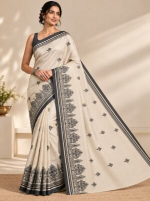 Art-Silk Ivory Saree with Charcoal Grey Floral Border