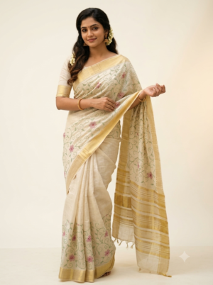 Art-Silk Ivory Floral Embroidered Saree with Golden Zari Border