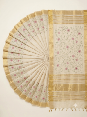 Art-Silk Ivory Floral Embroidered Saree with Golden Zari Border
