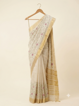 Art-Silk Ivory Floral Embroidered Saree with Golden Zari Border