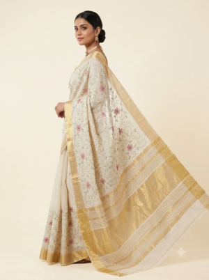 Art-Silk Ivory Floral Embroidered Saree with Golden Zari Border