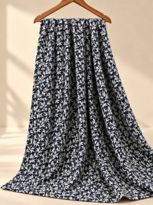 Premium Navy Blue Botanical Embroidered Fabric