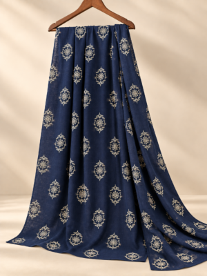 Premium Floral Motif Navy Blue Embroidered Fabric