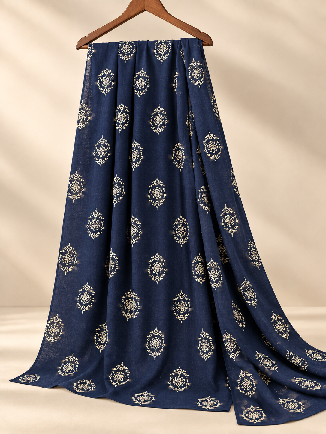Premium Floral Motif Navy Blue Embroidered Fabric - Image 3