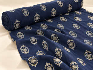 Premium Floral Motif Navy Blue Embroidered Fabric