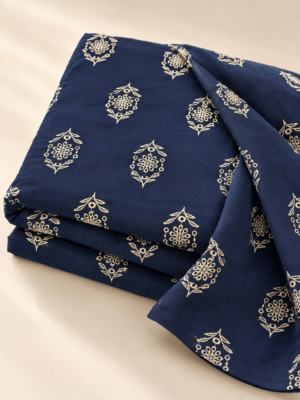 Premium Floral Motif Navy Blue Embroidered Fabric