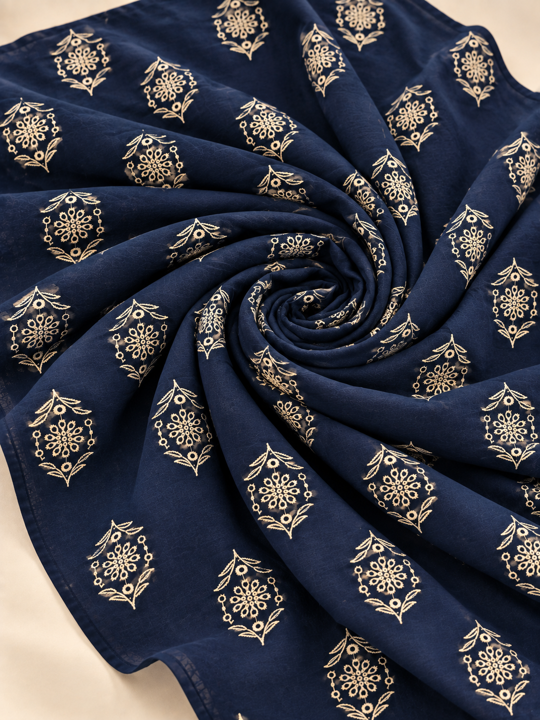 Premium Floral Motif Navy Blue Embroidered Fabric - Image 2