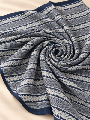 Premium Navy Blue Cotton Embroidered Fabric – Leaf & Grid Pattern