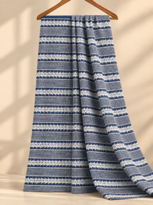 Premium Navy Blue Cotton Embroidered Fabric – Leaf & Grid Pattern