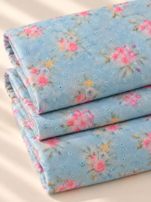 Blue Floral Printed Embroidery Fabric