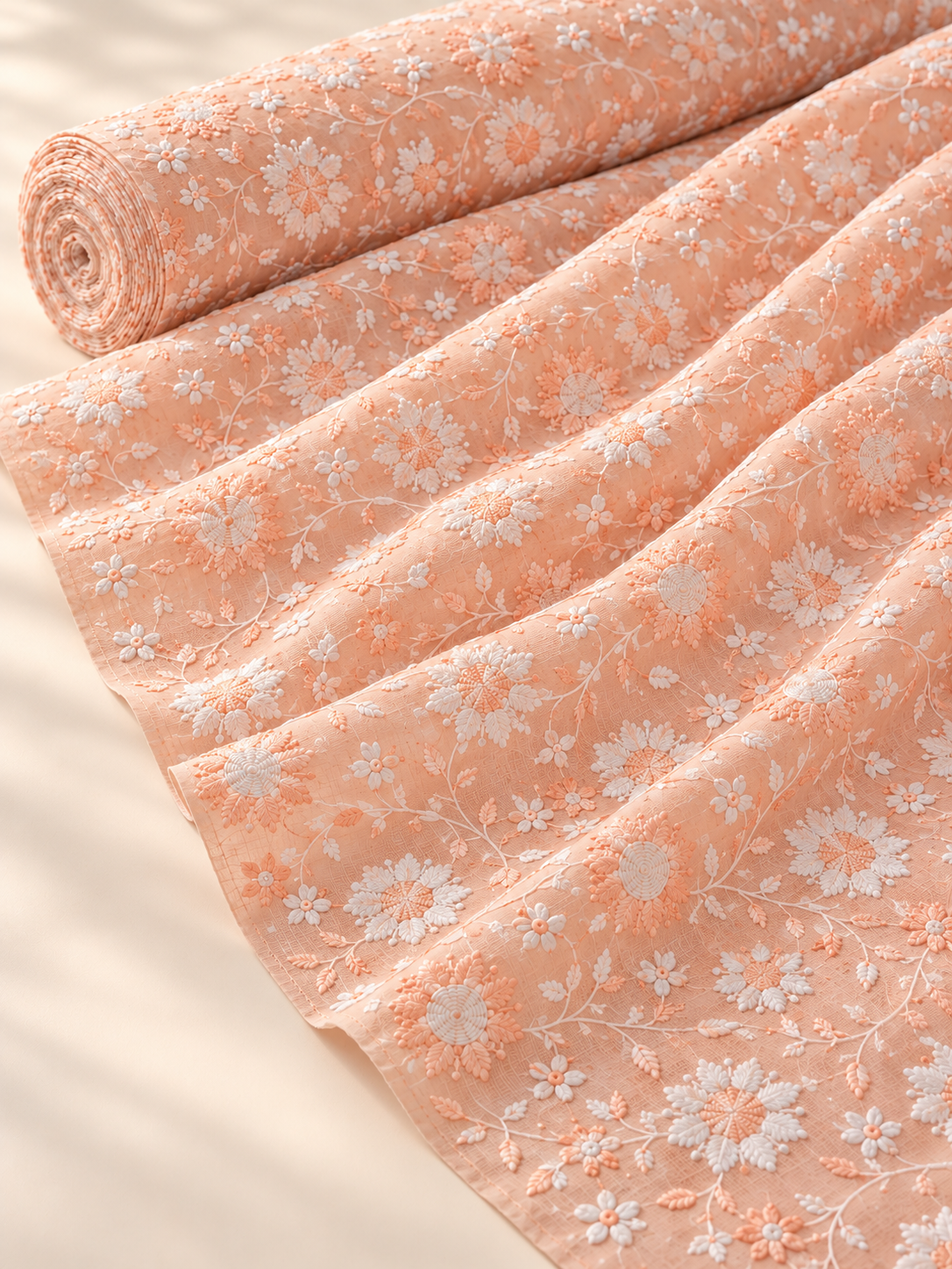 Premium Peach Cotton Fabric with Floral Embroidery - Image 3
