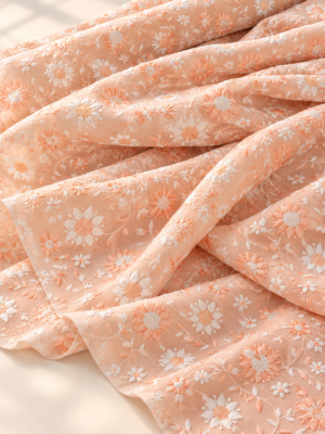 Premium Peach Cotton Fabric with Floral Embroidery