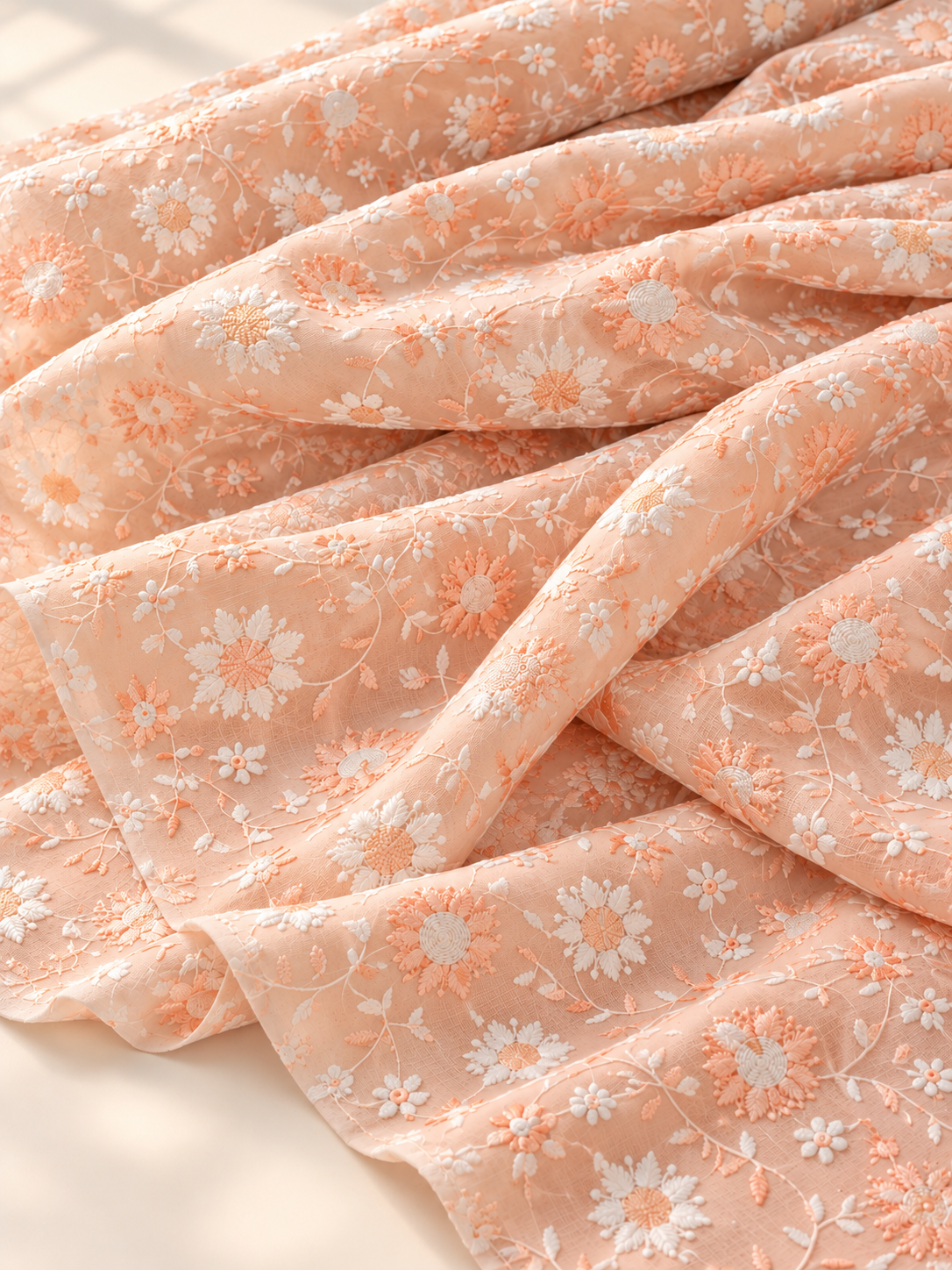 Premium Peach Cotton Fabric with Floral Embroidery - Image 5