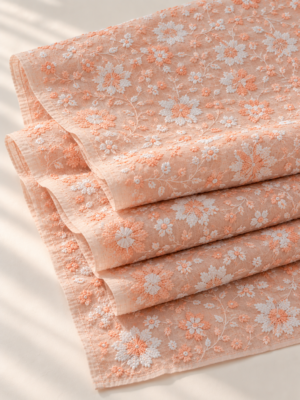 Premium Peach Cotton Fabric with Floral Embroidery