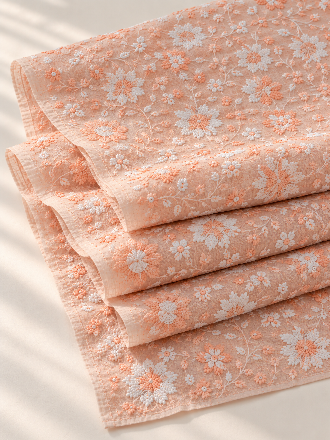 Premium Peach Cotton Fabric with Floral Embroidery - Image 2
