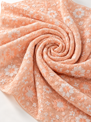 Premium Peach Cotton Fabric with Floral Embroidery