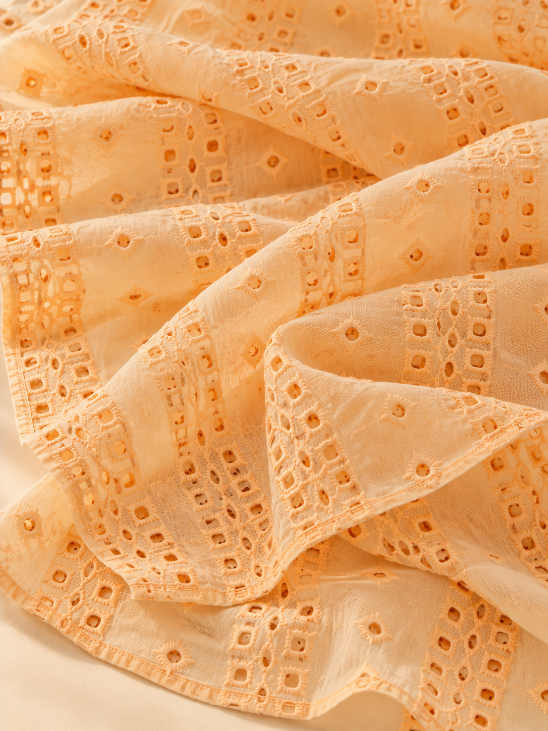 Sunlit Peach Eyelet Embroidered Georgette Fabric - Image 3