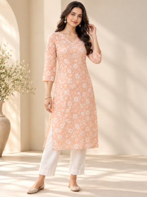 Premium Peach Cotton Fabric with Floral Embroidery