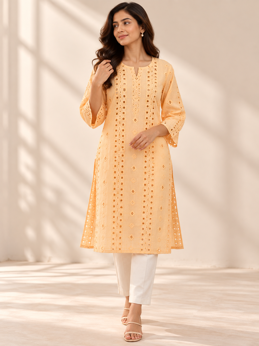 Sunlit Peach Eyelet Embroidered Georgette Fabric - Image 7