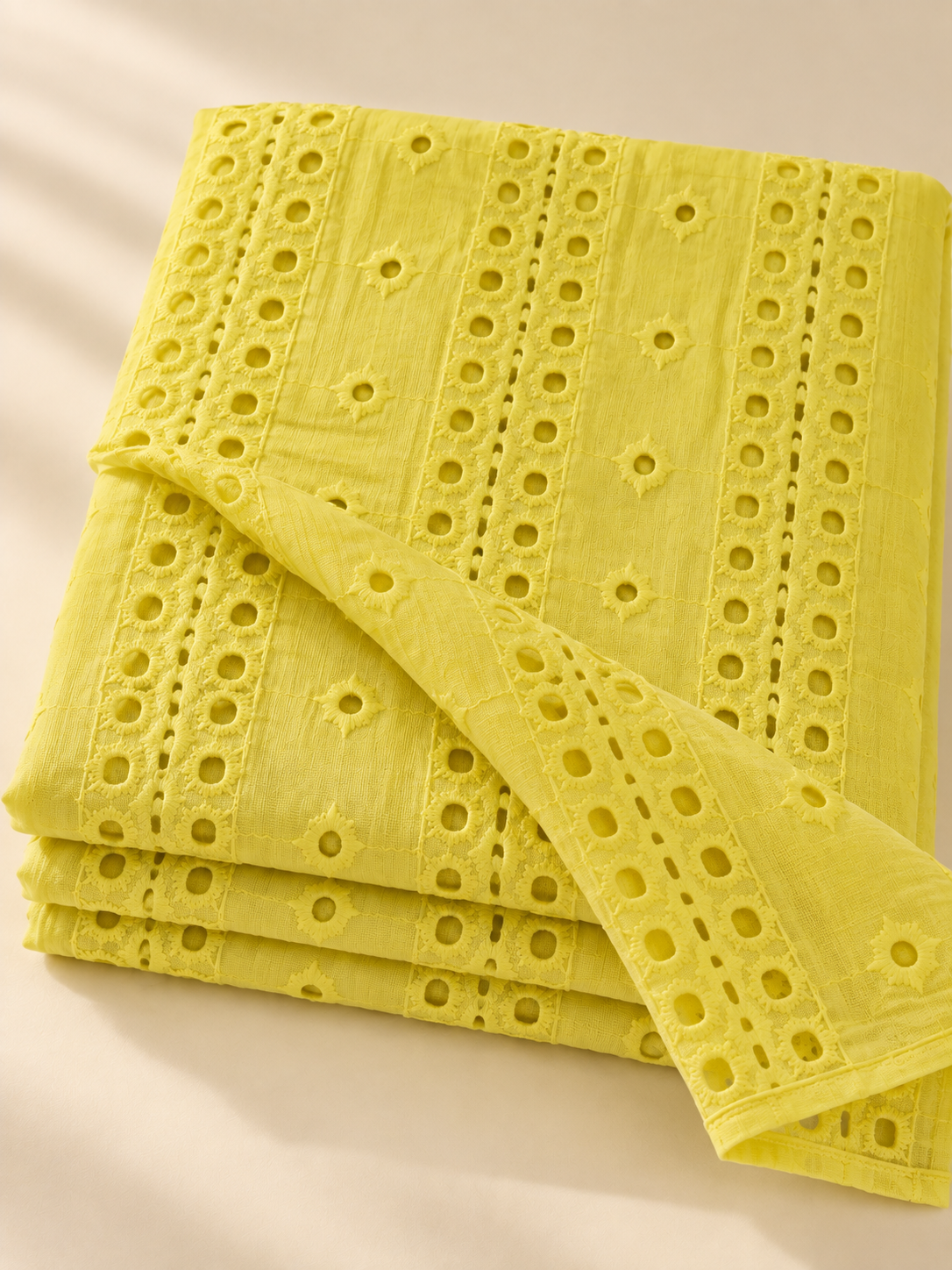 Lemon Yellow Eyelet Embroidered Georgette Fabric - Image 4