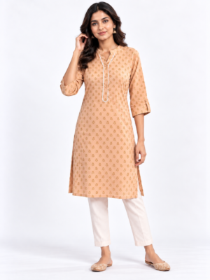 Women’s Peach Printed Straight Kurta
