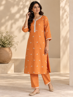 Terracotta Orange Raw Silk Embroidered Kurta Pant Set with Lace Detailing