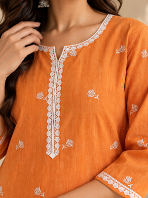 Terracotta Orange Raw Silk Embroidered Kurta Pant Set with Lace Detailing