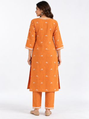 Terracotta Orange Raw Silk Embroidered Kurta Pant Set with Lace Detailing