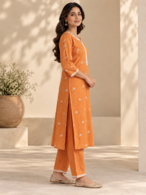 Terracotta Orange Raw Silk Embroidered Kurta Pant Set with Lace Detailing