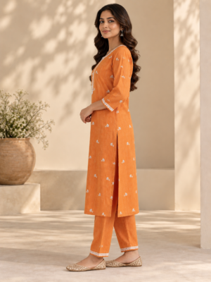 Terracotta Orange Raw Silk Embroidered Kurta Pant Set with Lace Detailing