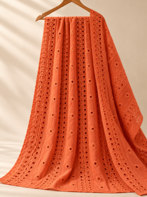 Warm Orange Eyelet Embroidered Georgette Fabric