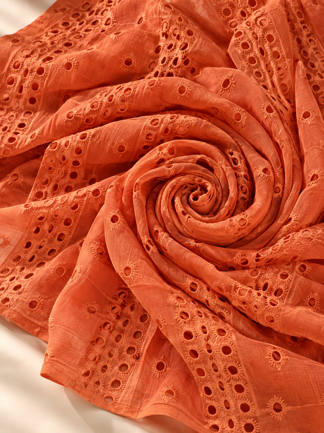 Warm Orange Eyelet Embroidered Georgette Fabric