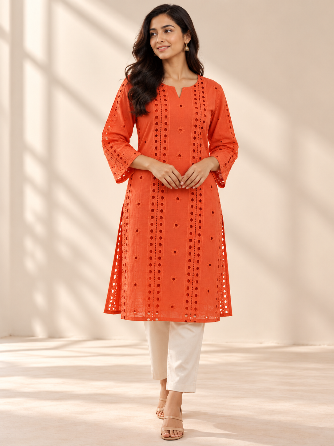Warm Orange Eyelet Embroidered Georgette Fabric - Image 7